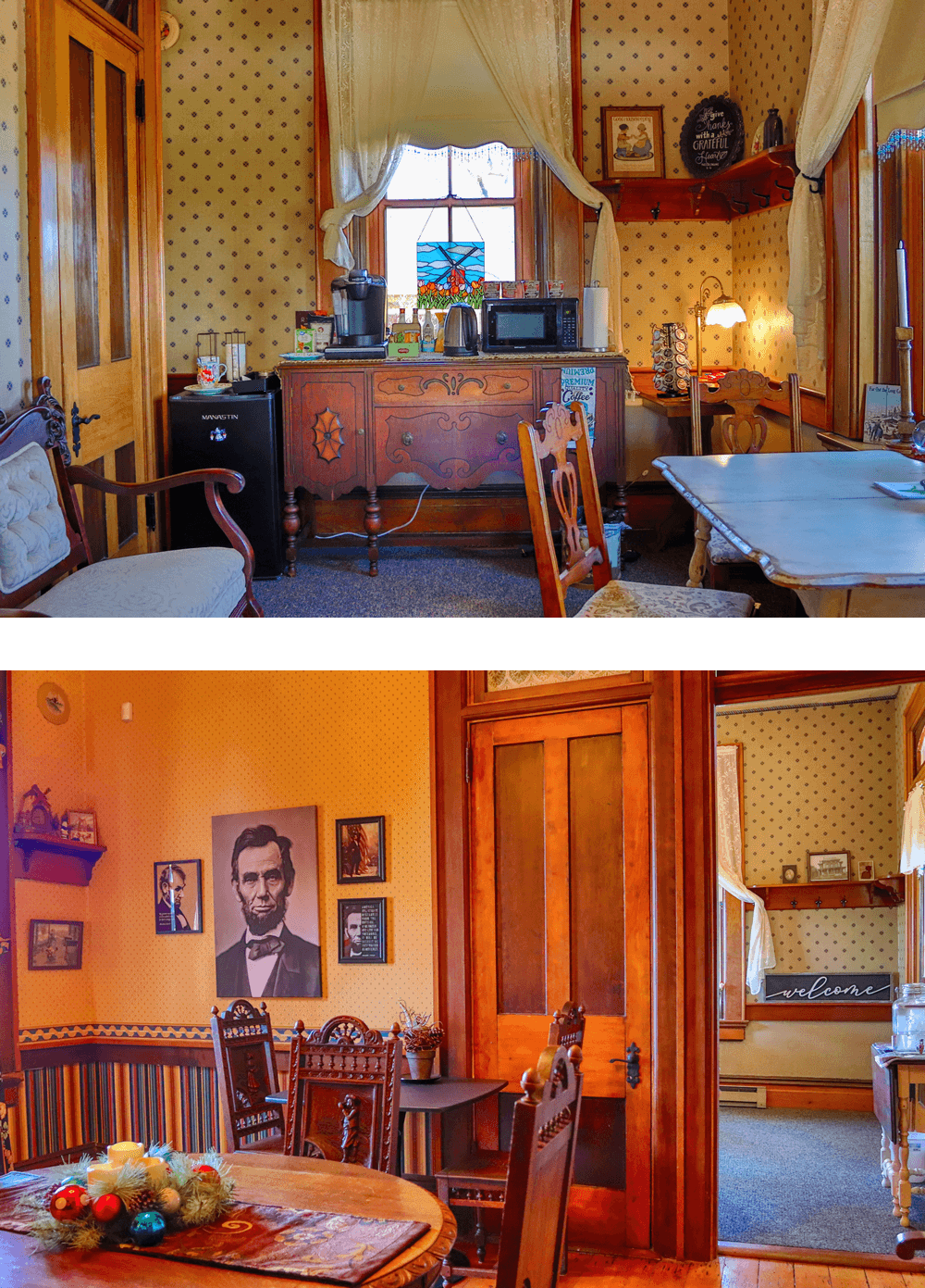 A cozy, vintage-style dining area featuring ornate wooden furniture, a decorative wall, and a glimpse of a kitchenette.